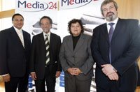 Francois Groepe, professor Jakes Gerwel, MEC Lynne Brown and Hein Brand at the Media24 directors’ luncheon, where Groepe was welcomed as the new CEO.