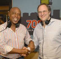702’s Stephen Grootes with Tokyo Sexwale after the three-hour live fund-raiser for the Nelson Mandela Foundation.