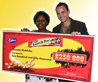Thembi Mahlaba might have been a little tearful, but that was just emotion when she received her cheque from Mike Middleton, Cadbury Chocolate marketing director Middle East and Africa.