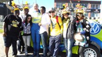 D-Bongz, Coach, Yammy, BP VW driver Hergen Fekken, Dammy, Justin, Koolka and Maggie after their hair-raising trip around Aldo Scribante circuit in Port Elizabeth
