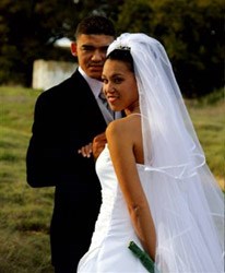 Maureshia Welkom pictured with her husband, Arno Welkom at their recent wedding ceremony at the Mamre Community Centre in Mamre, Western Cape.