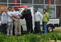 The Greenpop team of Lauren O'Donnell, Jeremy Hewitt and Misha Teasdale receive the keys to a brand new Daihatsu Gran Max bakkie to help their tree-planting efforts from Cornel Marais (sales manager, Daihatsu: Somerset West), and RamsayMedia’s Kyle Koch (CAR photojournalist) and Sandy Immelman (head of CSI).