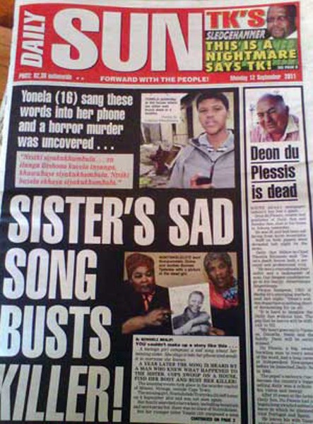 Front cover of the Daily Sun today, Monday, 12 September 2011, with news of Du Plessis's death.