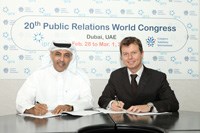 Faisal Al Zahrani, president of IPRA-GC (left) and Alexandre Lolliot, manager of Congress Solutions International sign the agreement to undertake the event management of the Public Relations World Congress 2012 in Dubai.