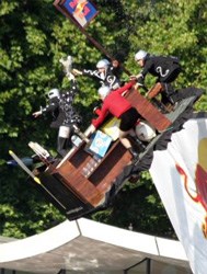 This picture of the 'Flying Pub' was taken at the Red Bull Flugtag 2003, Hyde Park, London, but you get the idea, right? (Image: Oliver Kreitman, via Wikimedia Commons)