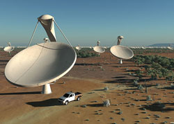 Artist's impression of the 15m x 12m Offset Gregorian Antennas within the central core of the Square Kilometre Array. (Source: Swinburne Astronomy Productions for SKA Project Development Office; author: SKA Project Development Office and Swinburne Astronomy Productions; via Wikimedia)