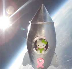 The Hello Kitty image is circling above the Earth on a small satellite where a message board, for messages of up to 180 characters, can be beamed to space and will be available to view back on Earth. Image: