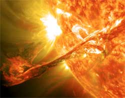 Solar flares blast radiation, high-energy particles and magnetised plasma into space and threaten satellites, disrupt electricity grids and can terminate telecommunication services. Image: Wikipedia