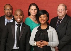 Xolani Gumede (far left), senior geologist Sello Nzama (second left), Lesley Jeffrey (centre), coal geologist Mbali Xulu (second right) and Noddy McGeorge (right).