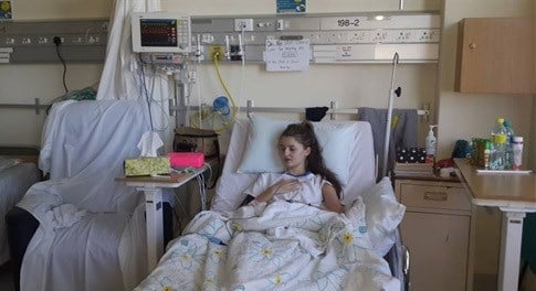 Jenna in ICU in July this year, she is now back home and awaiting a transplant