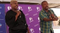 Comedians Celeste Ntuli and Trevor Gumbi speak to the learners of Jan Kotlolo Primary School about the importance of proper hygiene.
