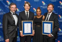 Pictured at the SAA Wine Awards are from left: Sylvain Bosc, Chief Commercial Officer of SAA, Andre Shearer, Chairman and CEO of Cape Classics, Bongi Sodladla, Global Food and Beverage Manager at SAA, and Nico Redelinghuys, Cape Classics General Manager.