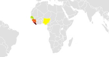 A map showing the spread of Ebola in 2014-15: The hardest-hit countries were Guinea, Liberia and Sierra Leone. Nigeria (yellow), was one of the countries in the region that experienced smaller numbers of transmissions. (Image: Public Domain)
