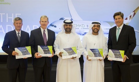 (L-R): Captain Richard Hill, Etihad Airways Chief Operations Officer; Bernie Dunn, Boeing Middle East President; Fareed Mohammed al Jaberi, Takreer Vice President Supply Division; Sultan Al Hajji, Total E&P UAE Vice President and Chief Strategy Officer; and Dr Alejandro Rios Galvan, Director of the Sustainable Bioenergy Research Consortium and Professor of Practice at the Masdar Institute of Science and Technology