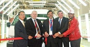Opening the Quantum plant at Toyota's manufacturing facility in Durban is (from left) Japanese ambassador to South Africa, Shigeyuki Hiroki, Minister of Trade and Industry, Rob Davies, Minister of Economic Development, Ebrahim Patel, CEO of Europe and Africa Region of Toyota, Dr Johan van Zyl and Regional Numsa representative, Mbusi Ngubane