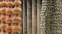 Pots, pillars and electric bulb sockets at the Nek Chand Rock Garden in Chandigarh, India. ,