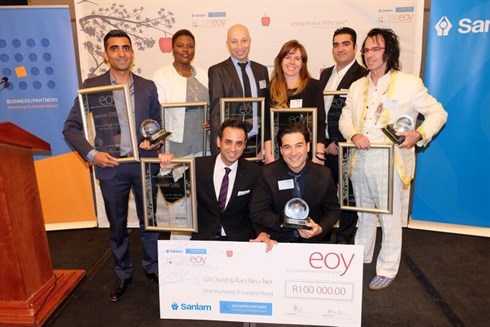 EOYA winners: Back row, from left: Nadir Khamissa (Hello Group), Ncamisile Maphumulo (Coastal Nephrology Centre), Bryan Anderson (Delta Steam Systems), Kim Whitaker (Once in Cape Town), Ahmed Shaazim Khamissa (Hello Group) and Lewis Thomas (Partners Hair Design)<p>Front row, from left: Ran Neu-Ner and Gil Oved, founders and owners of The Creative Counsel (TCC)