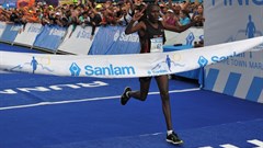 Shadrack Kemboi crosses the finish line at the Sanlam Cape Town Marathon