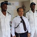 Captain of Cape Orchid Edgardo De ASIs with the three South African cadets placed on the vessel for six months. They are [L-R] Samkelo Ndongeni (25) a deck cadet from Ngqushwa near King Williams Town, Thembani Mazingi (24) an engine cadet from Cofimvaba, and Gordon Sekatang (26), also an engine cadet from Nelspruit.