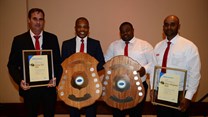 Liviero’s Wayne Schafer, Vuyo Mpondwana, Philani Vezi and Karthi Govender with the awards that the company won in this year’s Master Builders South Africa (MBSA) National Safety Competition.