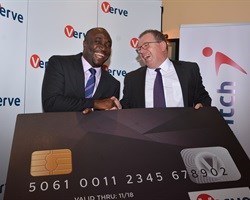 Charles Ifedi, Verve International CEO with Richard Coate Verve Country Manager (Kenya) hold a lifesize Verve card. Verve International has launched the Verve card in the Kenya market