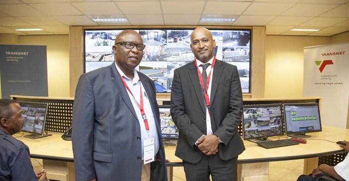 Phumuzi Sigasa, head of TNPA’s Port Security Portfolio (left) and Richard Vallihu, Chief Executive of TNPA, inside the newly renovated control room located at the Port of Durban which went live with TNPA’s new R843 million port security system on 12 February 2016.