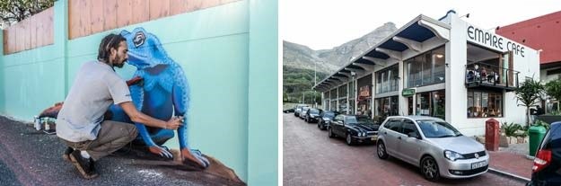 Left: When he's not surfing, local artist Sergonelove adds colour to the village. His wall murals are a feature in Muizenberg.<p>Right: Trendy York Street hums with people enjoying its eateries and surf stores.