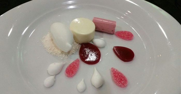 Team SA - White chocolate and coconut mousse, rose gel, coconut sorbet and pulled sugar