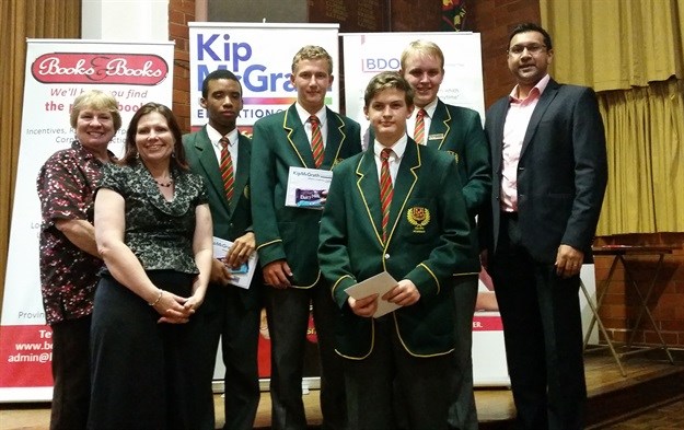 The team of Glenwood High School Grade 11 learners who won the third round of the BDO School Quiz for the central Durban region receiving their prize from Sumesh Somaroo of BDO (left to right) Hazel Spires and Tracy-Lee Sydney-Smith of Kip McGrath, Troy Ketley, Ethan Biggs, Ridge Radebe and Callum Nel from Glenwood High School and Sumesh Somaroo from BDO.