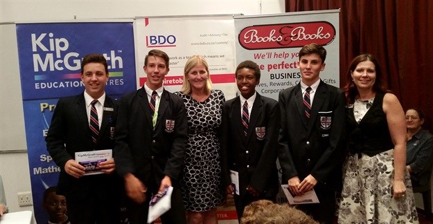 The Highway winners of the BDO School Quiz were this team of Grade 10 learners from Westville Boys High school. They are shown here receiving their prize from Sally Juckes of BDO (left to right) Luca Folpini, Benton Erasmus, Siya Ndlwana and Liam O’Connor, Tracy-Lee Sydney-Smith of Kip McGrath.