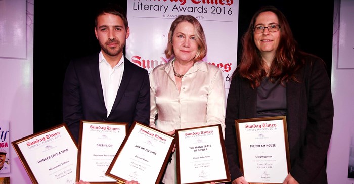 L-R Fourie Botha (Penguin Random House (Umuzi)), Claire Robertson, author of The Magistrate of Gower and Andrea Nattras (Pan Macmillan). Photograph: Esa Alexander, Sunday Times