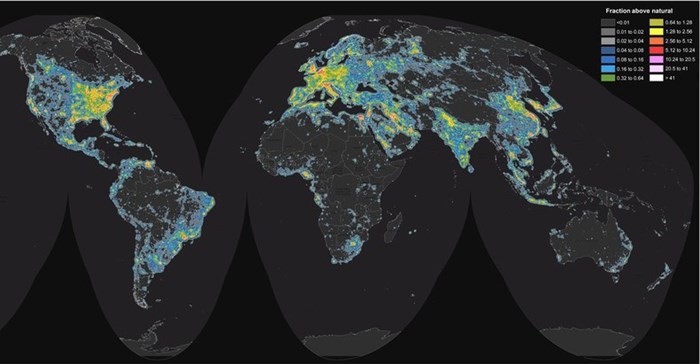 World map of artificial sky brightness. ,