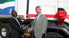 Meshack Matswi, an owner driver, with Tobie Krige, Adcock Ingram's MD: distribution.