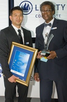 ICT winner: Britehouse’s Gareth Kingston (left) receives his award from Eric Shipalana, group HR director of ADvTECH Group.