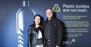 Cheri Scholtz, PETCO CEO, and Casper Durandt, Technical Manager of Coca-Cola South Africa, at the PETCO awards ceremony. Coca-Cola South Africa received the ‘Designed for Recycling’ award for their extensive range of bottles that have been designed with recycling in mind. [Photo Credit: Dominic Barnardt]