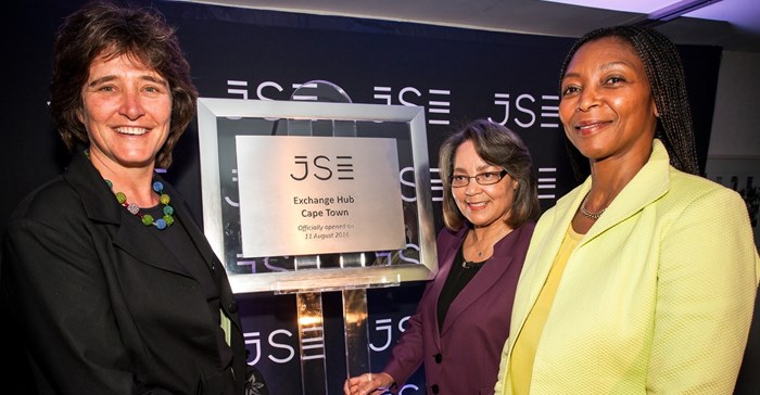 JSE CEO, Nicky Newton-King, Cape Town mayor, Patricia de Lille, and JSE chairperson, Nonkululeko Nyembezi-Heita, at the opening of the JSE Exchange Hub Cape Town.