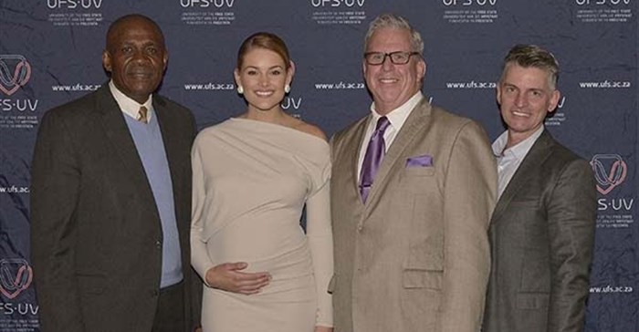L-R: Dr Khotso Mokhele, chancellor of the UFS, Rolene Strauss, Miss World 2014 and patron of the Mother and Child Academic Hospital, Prof André Venter, head of the department of paediatrics and child health, and Dr Riaan Els, CEO of the Fuchs Foundation South Africa. Photo: Charl Devenish