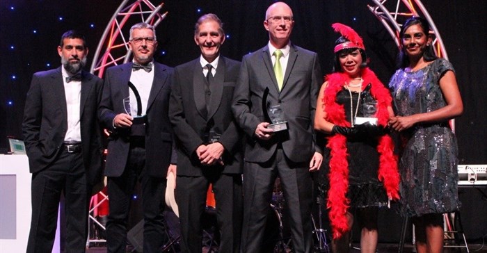 Representatives of the winners in the category of Best Safety Performer (from left to right) - Hoosen Ahmed and Paulo Franco of FPT (for Point Precinct), Jannie Roux of Bidfreight Port Operations (for Maydon Wharf Precinct), David Leisegang of Bidvest Tank Terminals (Island View Precinct) and Michelle Phillips representing Transnet Port Terminals Pier 1 (for Container Precinct), pictured with TNPA GM: Legal, Risk, Compliance and Regulatory, Sagree Chetty (far right).