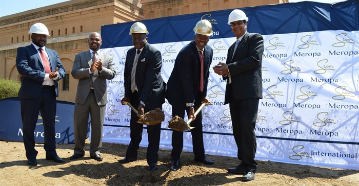 Turning the first sod for a new three star at Sun Meropa are from left Kenny Maboea (chief director: business regulation at the Department of Economic Development); Thabo Mosololi (Sun International’s director of operations), Serobi Maja (CEO of the Gambling Board); Raleigh Maesela (chairman of the Meropa Board) and Ruben Gooranah (regional general manager: Sun International).