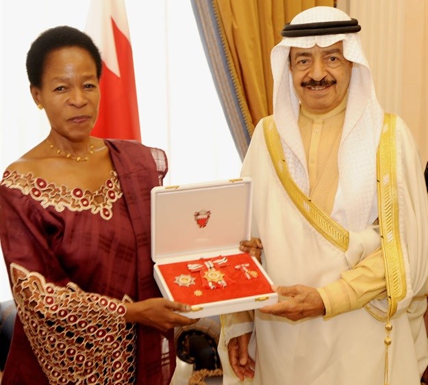 H.R.H Prince Khalifa bin Salman Al Khalifa, presented Professor Anna Tibaijuka with the Bahrain Medal of Honour in recognition of her commitment to sustainable human settlements development in 2009.