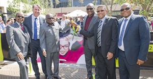 Billy Masetlha, Director of Menlyn Maine; Francois Roos, CEO of Menlyn Maine, South African Public Service and Administration Minister Ngoako Ramatlhodi, The Honourable Gauteng Premier David Makhura; Cllr Randall Williams MMC: Economic Development and Spatial Planning of the City of Tshwane and Kapei Phahlamohlaka Property Investments PIC.