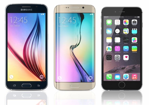 Samsung Galaxy S6 and S6 Edge next to the Apple iPhone 6<p>© manaemedia –