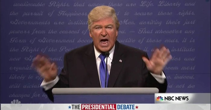 Alec Baldwin portrays Donald Trump on SNL Live. Source: YouTube