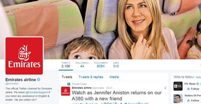 Emirates Twitter Page Leveraging off Jennifer Aniston brand association