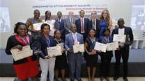 UNESCO-MARS 2016 Award winners: (L-R) front row- ‘Best African Woman Researchers Award’ 4th place winner Maria Nabaggala, from Infectious Diseases Institute, Uganda; 5th place winner, Martha Zewdie, from Armauer Hansen Research Institute, Ethiopia; 2nd place Best Young African Researchers winner, Constantine Asahngwa, Cameroon Centre for Evidence Based Health Care; Best Young African Researchers 1st place winner Patricia Rantshabeng from University of Botswana; Best African Women Researchers 2nd place winner, Rogomenoma Ouedraogo, Laboratory of Biology and Molecular Genetics University, Burkina Faso; ‘Best Young Researcher Award’ 3rd place winner, Lamin Cham from National Aids Control Program, Gambia; 2nd row: 2nd place Best Young Researchers Award winner, Tinashe Nyazika, University of Zimbabwe; Best African Woman Researchers Award’ 1st place winner, Beatrice Nyagol from Kenya Medical Research Institute, together with Prof. Yifru Berhane, Minister of Health, Ethiopia; Prof. Dr Frank Stangenberg-Haverkamp, Chairman, Executive Board and Family Board of E.Merck KG; Prof. Afework Kassu Gizaw, Minister of Science and Technology, Ethiopia; Ahmed Fahmi, Program Director, UNESCO and Rasha Kelej, Chief Social Officer, Merck Healthcare.