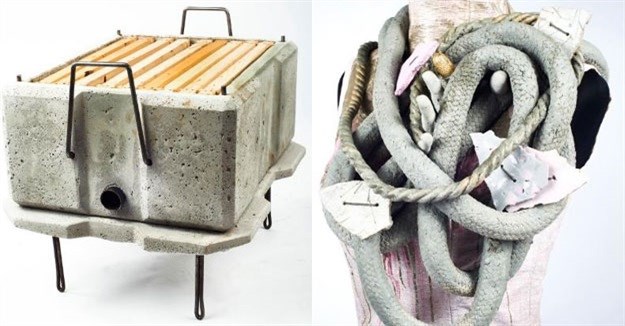 (Left) Ivan Brown, PPC Imaginarium finalist, experiments with additives and alternative materials including aggregates creating a new lightweight insulating concrete. This was used to create a concrete beehive which is fire and termite resistant, thermally stable and cheaper to produce than traditional timber hives. (Right) Mieke Vermeulen, PPC Imaginarium finalist, combines traditional Portland cement with latex-based additives and rope fibres allowing new aesthetic and textile application possibilities.