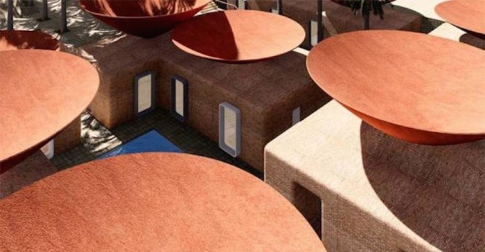Concave roof design collects rainwater to cool the interior