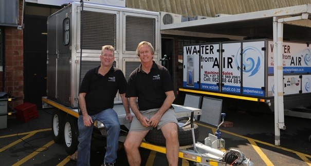 Water from Air technical director, Paul Raglan-Smith and CEO Ray de Vries with a mobile 1,500 litres per day machine designed and manufactured in South Africa.