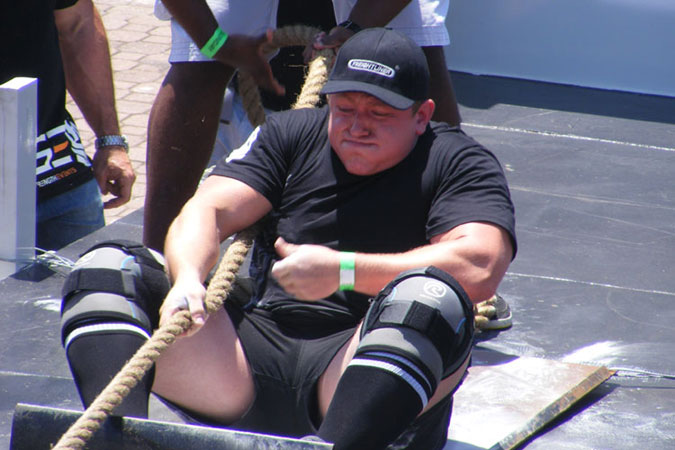 Local strongman David Bezuidenhout strains it out in the Truck Pull, a favourite event in strongman competitions. Come and watch this event live at the Rand Show on the first day of the MLO Strongman Champions League U/105kg World Qualifier, happening in South Africa on 15 and 16 April, only at the Rand Show, Nasrec.