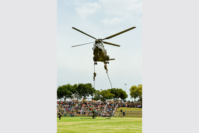 SANDF troops will fast-rope from an Oryx in the SANDF’s arena display at the Rand Show 2017. In this simulated ambush demonstration, the Gripen and Hawk fighter jets and the Oryx, Rooivalk and other helicopters will join in a mock battle punctuated with thunderous battlefield explosions. It’s all happening from 10h00 on Friday, 14 April, to Monday, 17 April, at the Rand Show, Joburg Expo Centre, Nasrec.